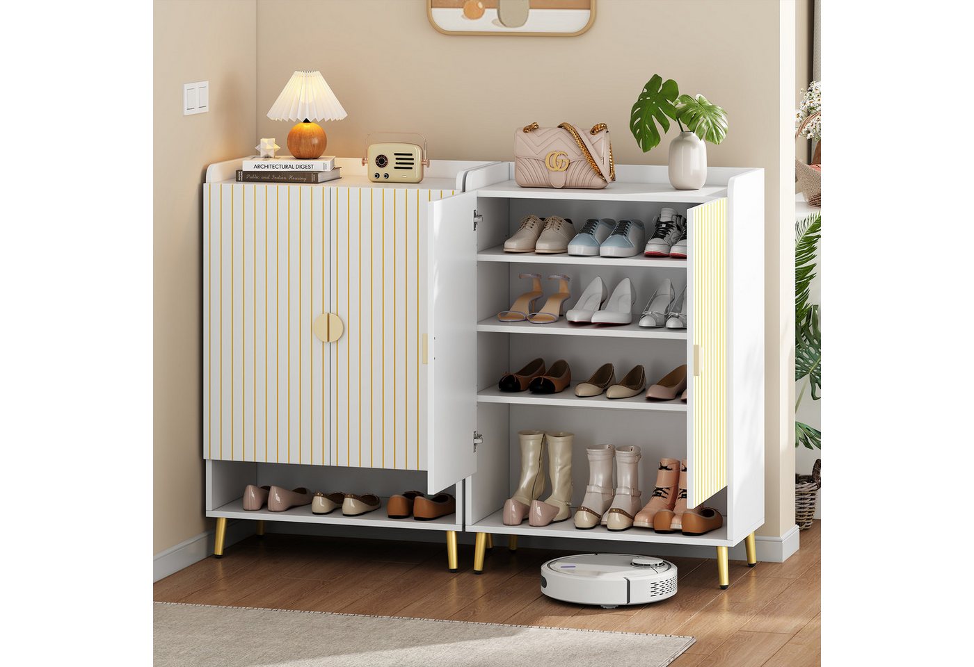 KLAM HOME Schuhschrank Moderner weißer Schuhschrank mit goldenen Metallbeinen, 75*35*110CM (MDF-Schuhschrank, 3-stufiger Schuhschrank, offene untere Schublade) Aufbewahrungsschrank mit goldfarbenen Schranktüren, Weiß von KLAM HOME