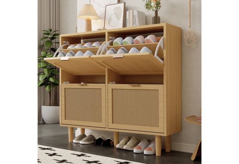 KLAM HOME Schuhschrank Schuhkommode aus Rattan mit Metallgriffen und 4 Klappschubladen (Holzmöbel, Landhausstil, Maße: 100 x 25 x 90 cm) Schuhregal für Flur, Schlafzimmer, Wohnung von KLAM HOME
