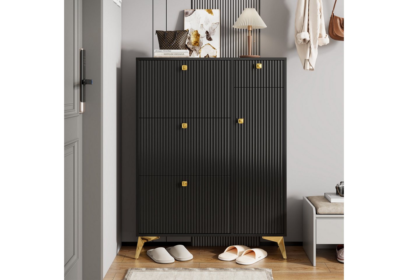 KLAM HOME Schuhschrank Schuhschrank mit 3 Klappen, 1 Schublade und 1 Tür, Schuhregal Schuhkipper schmal, Schuhschrank, H 121 cm / B 90 cm / T 25 cm KLAM HOME Schuhschrank Schuhschrank mit 3 Klappen, 1 Schublade und 1 Tür, Schuhregal Schuhkipper schmal, Schuhschrank, H 121 cm / B 90 cm / T 25 cm von KLAM HOME