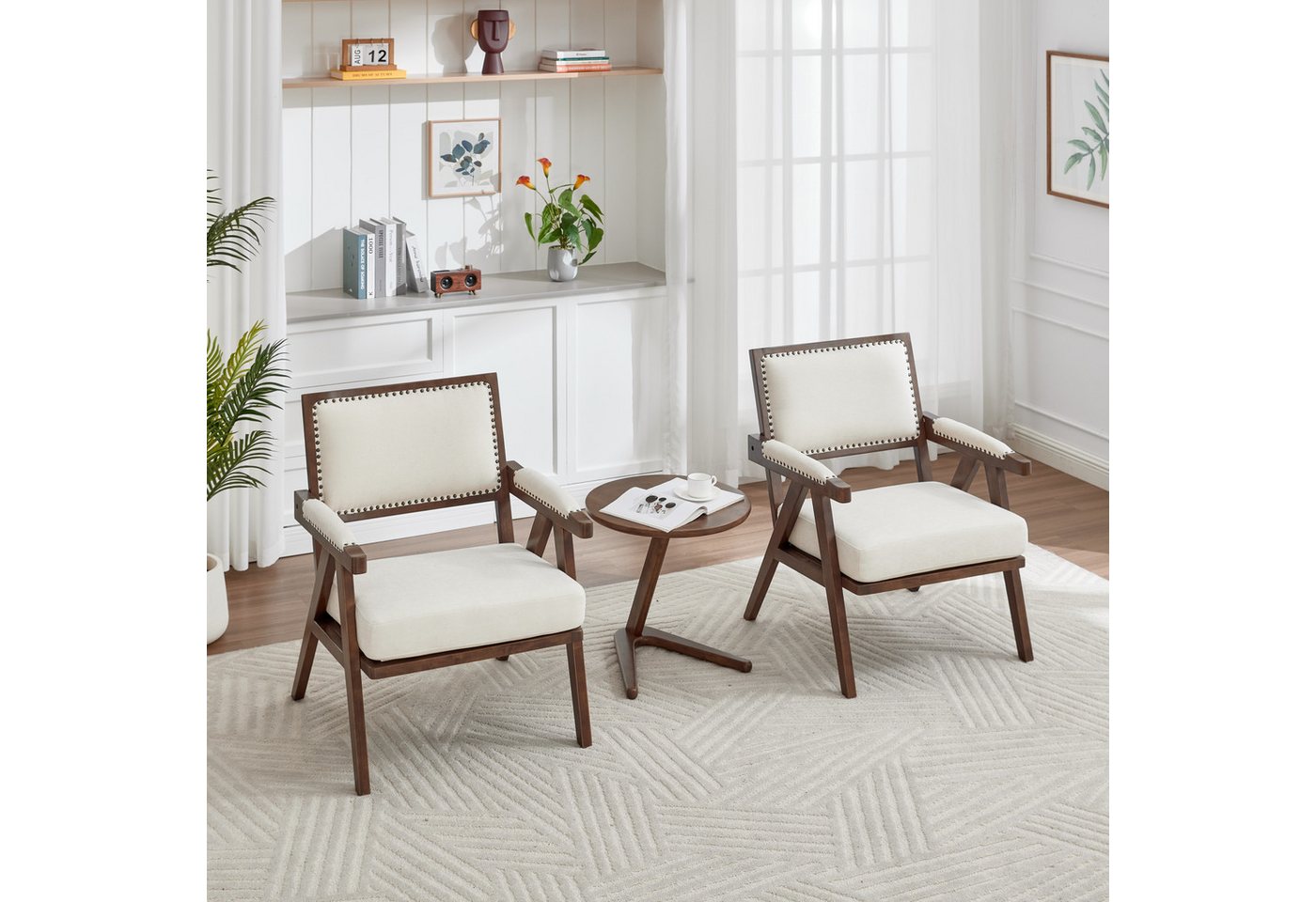 KLAM HOME Sessel Mid-Century Modern Sofasessel mit Armlehnen (Bequemer Loungesessel in Beige mit Holzrahmen), Vielseitiger Sessel für Wohnzimmer und Homeoffice von KLAM HOME