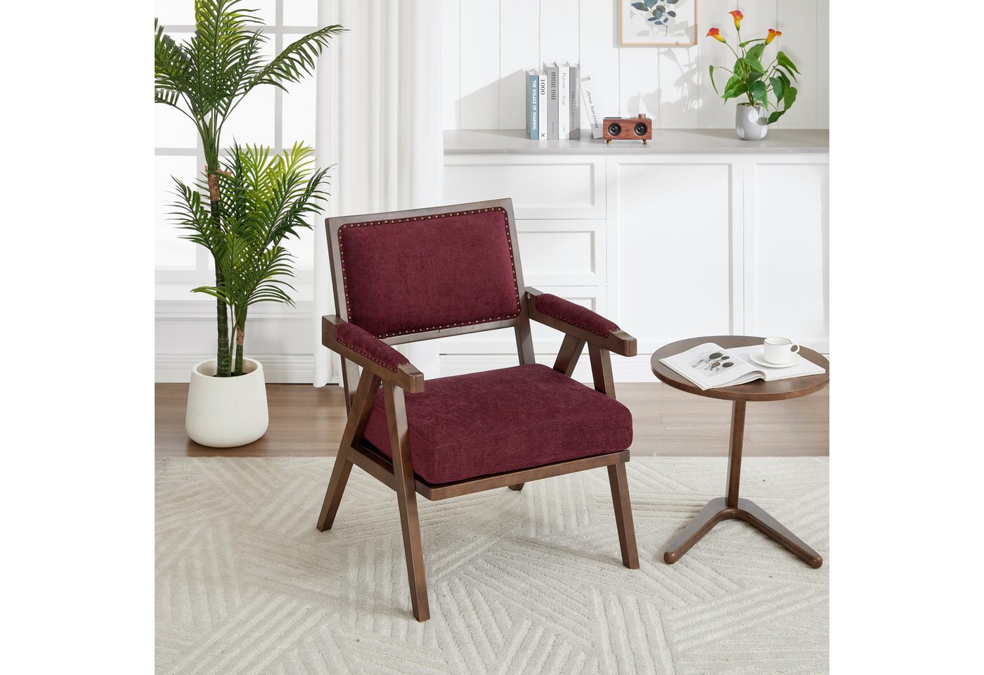 KLAM HOME Sessel Mid-Century Modern Sofasessel mit Armlehnen (Bequemer Loungesessel in Beige mit Holzrahmen), Vielseitiger Sessel für Wohnzimmer und Homeoffice von KLAM HOME