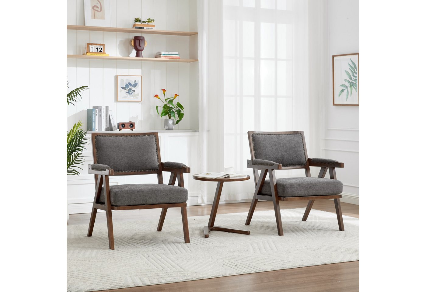 KLAM HOME Sessel Mid-Century Modern Sofasessel mit Armlehnen (Bequemer Loungesessel in Beige mit Holzrahmen), Vielseitiger Sessel für Wohnzimmer und Homeoffice von KLAM HOME