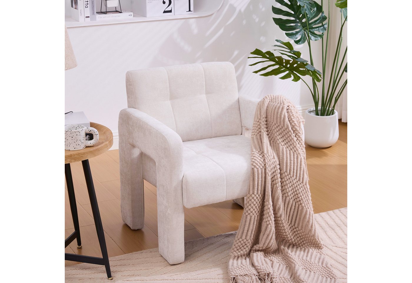 KLAM HOME Sessel Moderner minimalistischer Sessel mit Polster (Bequemer Chenille Sessel mit Armlehnen), Skandinavischer Wohnzimmer Sessel für Entspannung und Komfort von KLAM HOME