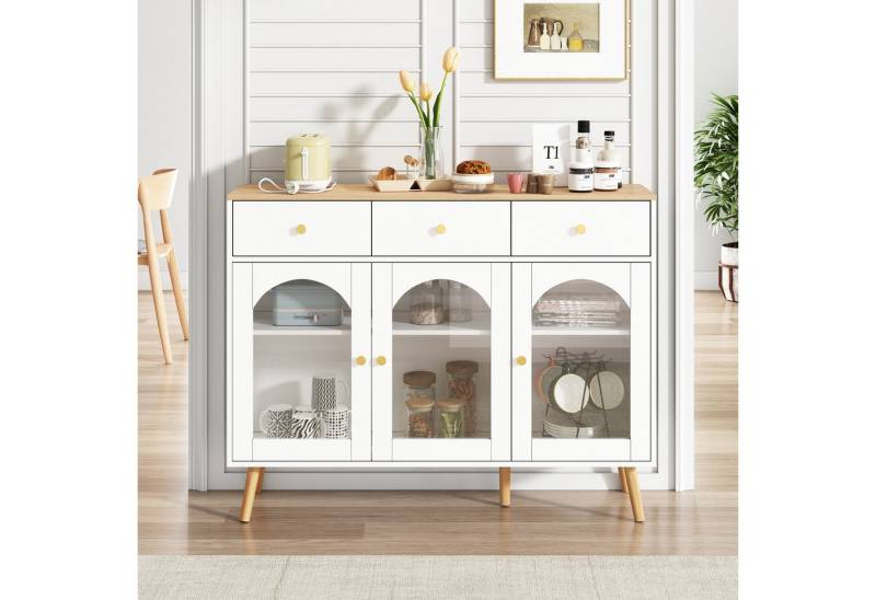 KLAM HOME Sideboard 120*34*94cm Seitenschrank, Modernes Küchenschrank mit gehärtetem Glas (Wohnzimmer tisch mit 3 Schubladen und 3 gebogenen Türen), Geeignet für Wohnzimmer, Schlafzimmer, Büro und Eingangsbereich von KLAM HOME
