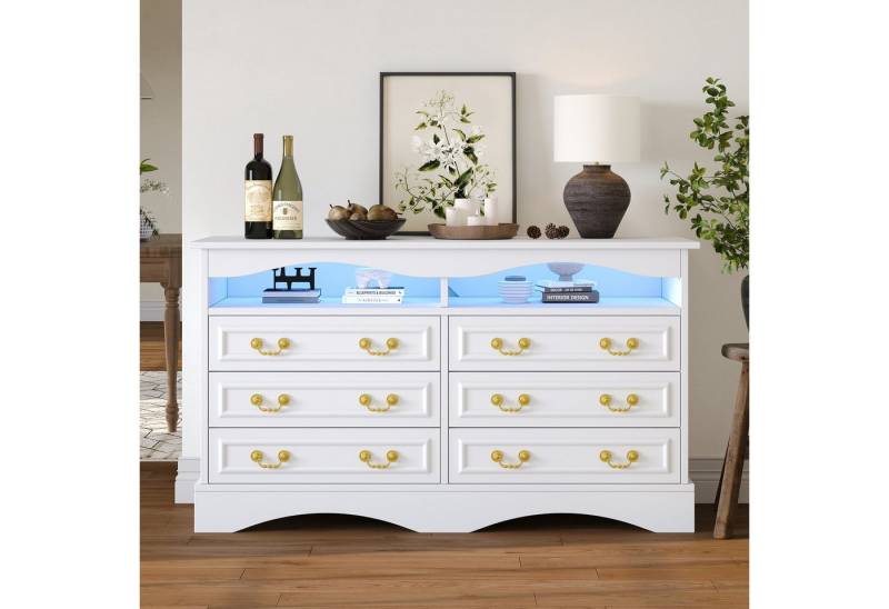 KLAM HOME Sideboard 120*40*70cm Wohnzimmerschrank, Moderne Kommode mit 6 Fächern (Beistellschrank mit LED-Lichtleiste,Sideboard mit halboffenem Stauraum), Geeignet für Flure, Wohnzimmer, Büros, Weiß von KLAM HOME