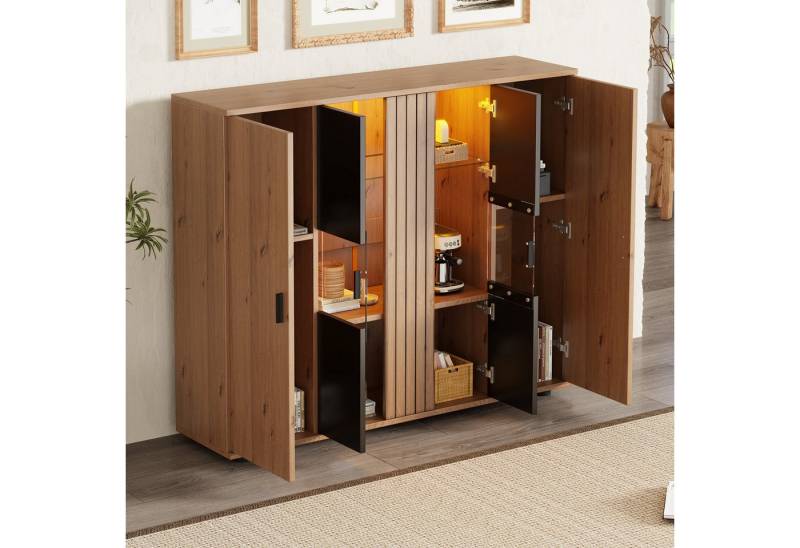 KLAM HOME Sideboard 140*35*113cm Wohnzimmerseitenschrank Esszimmerschrank (Wohnraum-Beistellschrank mit verstellbaren Trennwänden), Sideboard mit Trennwand-Design und 4 Türen, Schwarz + Holzfarbe von KLAM HOME