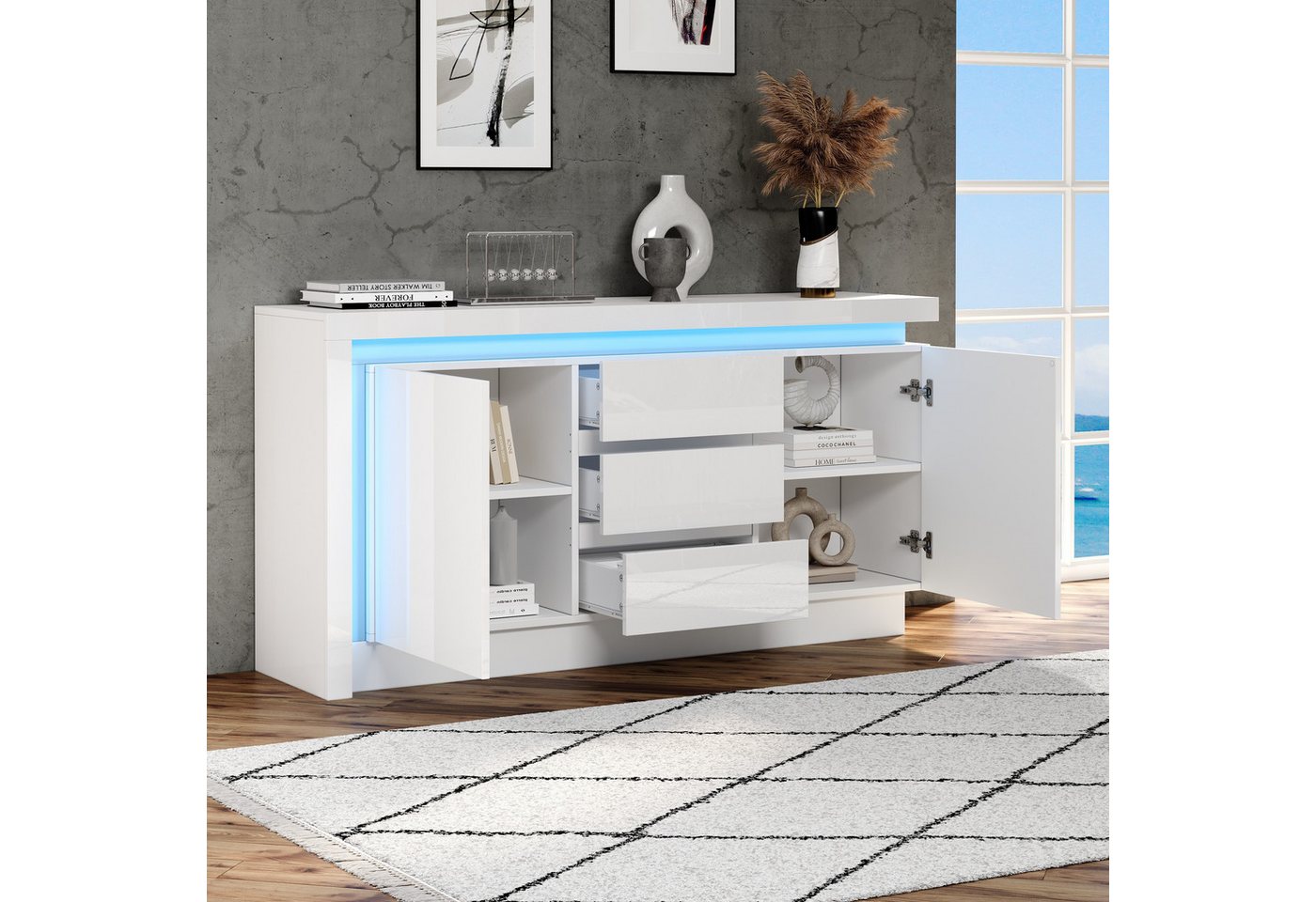 KLAM HOME Sideboard 140*35*72cm Beistelltisch mit 3 Schubladen und LED- Beleuchtung (Schrank mit verstellbaren Einlegeböden und 2 Türen), Kommode für das Schlafzimmer,Wohnzimmer von KLAM HOME