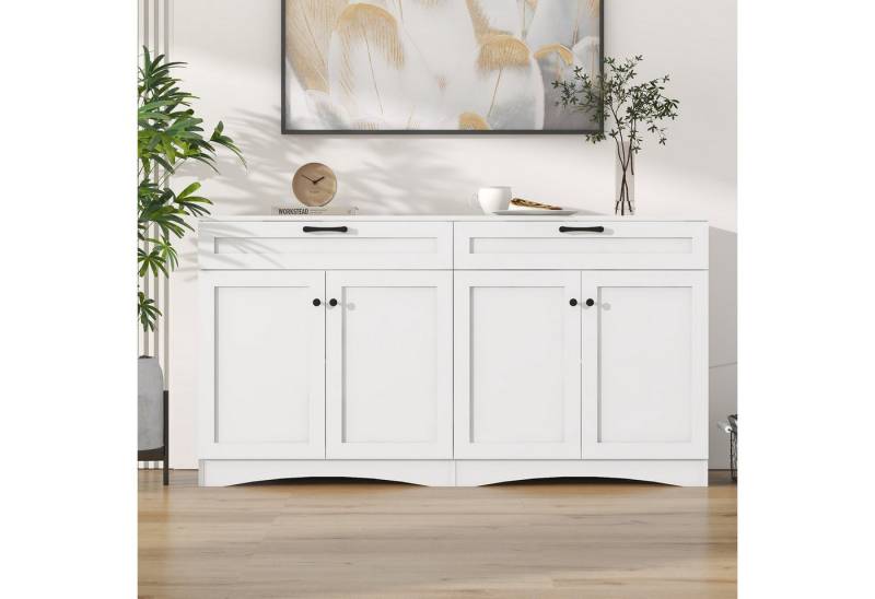 KLAM HOME Sideboard 160*40*85cmAnrichte,Wohnzimmer-Sideboard mit 2 Schubladen (Beistelltisch mit geschwungenem Design und schwarzem Griff), Mit 2 großen Schränken, 7 Ablagefächer, Weißer schlichter Schrank von KLAM HOME