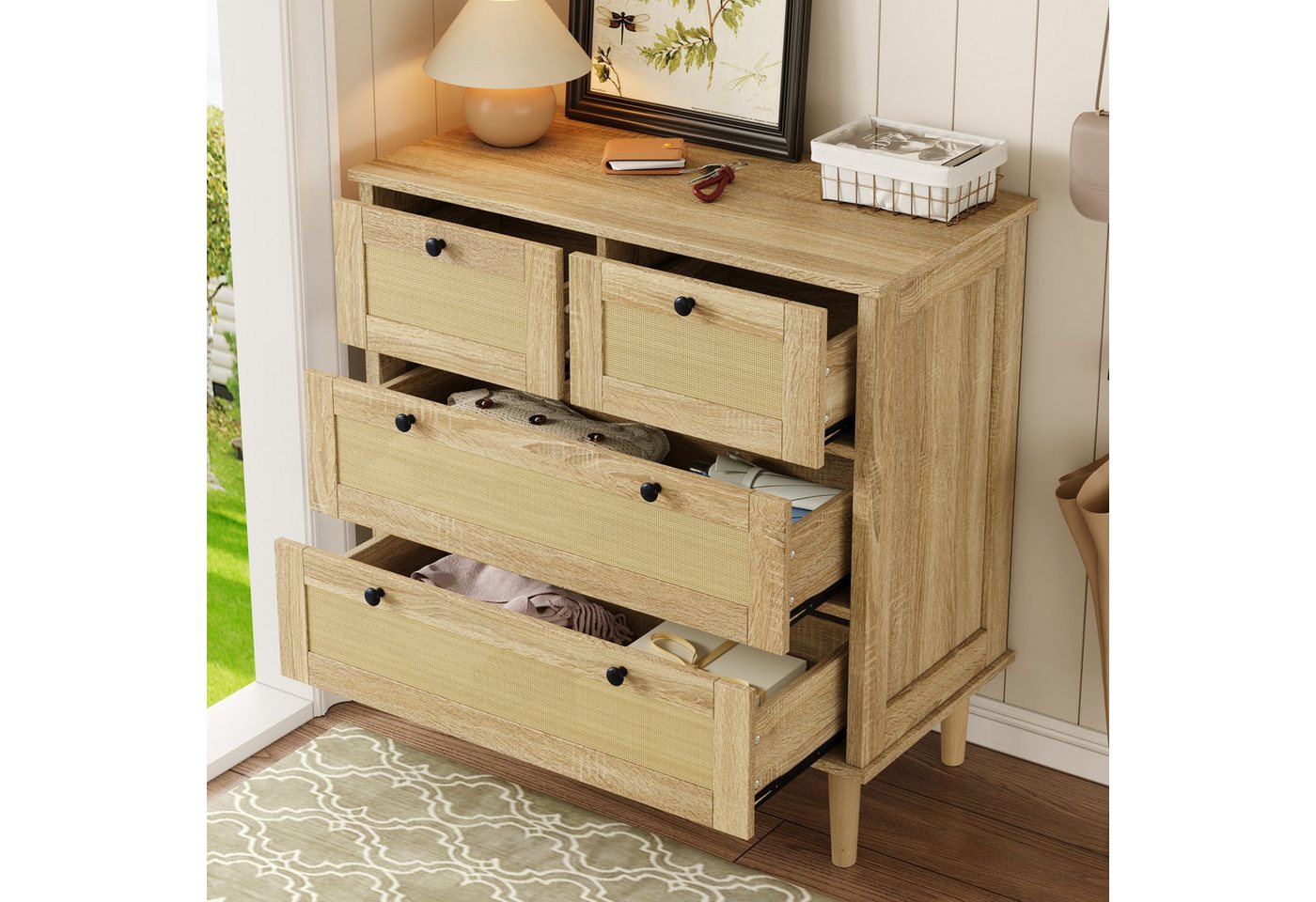 KLAM HOME Sideboard 80 L x 40 B x 80 H, Kommode mit vier Schubladen, Rattanschubladen, Mit Aufbewahrungsschrank, Beine aus Massivholz KLAM HOME Sideboard 80 L x 40 B x 80 H, Kommode mit vier Schubladen, Rattanschubladen, Mit Aufbewahrungsschrank, Beine aus Massivholz von KLAM HOME