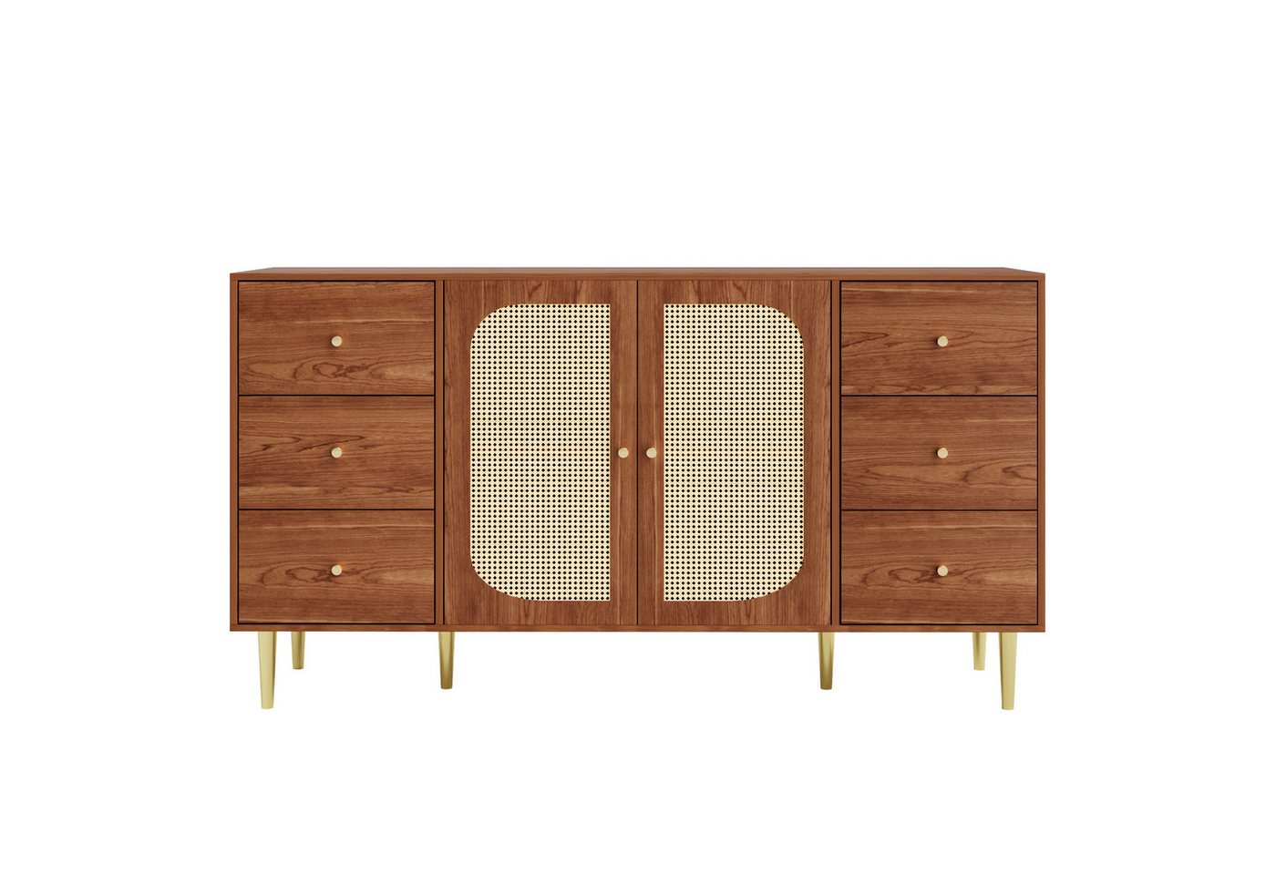 KLAM HOME Sideboard Beistellschrank Rattan-Sideboard Aufbewahrungsschrank Küchenschrank (Mit 6 Schubladen 160 x 40 x 90 cm,braun), Anwendbar auf Küche Arbeitszimmer Wohnzimmer von KLAM HOME