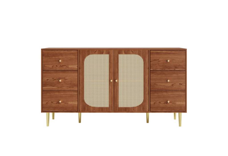 KLAM HOME Sideboard Beistellschrank Rattan-Sideboard Aufbewahrungsschrank Küchenschrank (Mit 6 Schubladen 160 x 40 x 90 cm,braun), Anwendbar auf Küche Arbeitszimmer Wohnzimmer von KLAM HOME