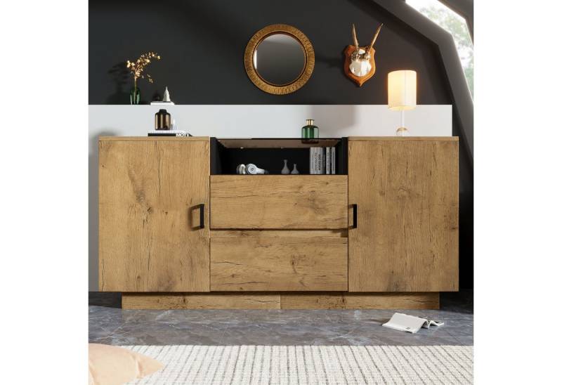 KLAM HOME Sideboard Eichenoptik Kommode Sideboard mit 2 Schubladen + 2 Schränken, offenem Fach - ESG-Glas & schwarze Griffe, H70/B140/T40 cm von KLAM HOME