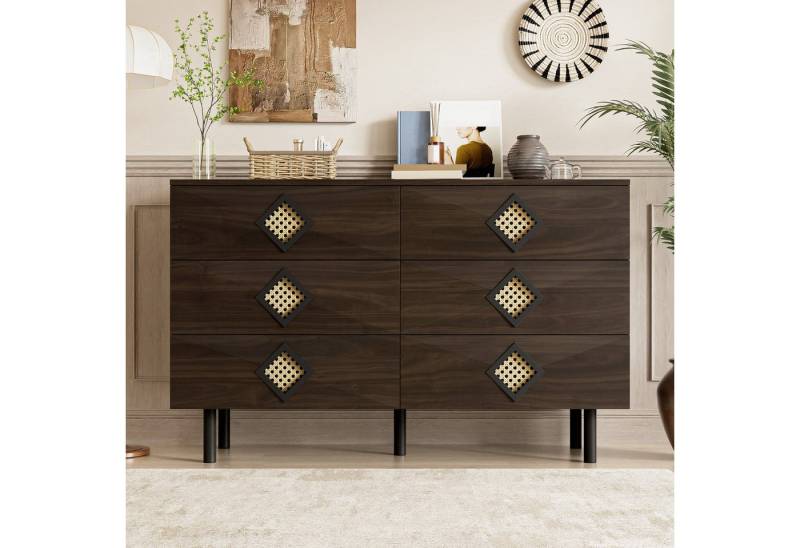 KLAM HOME Sideboard Eleganter 6-Schubladen Schminktisch mit Rattan-Griff (Stabile Konstruktion mit praktischer Kabelführung), Vielseitiger Stauraum für Schlafzimmer & Wohnzimmer von KLAM HOME