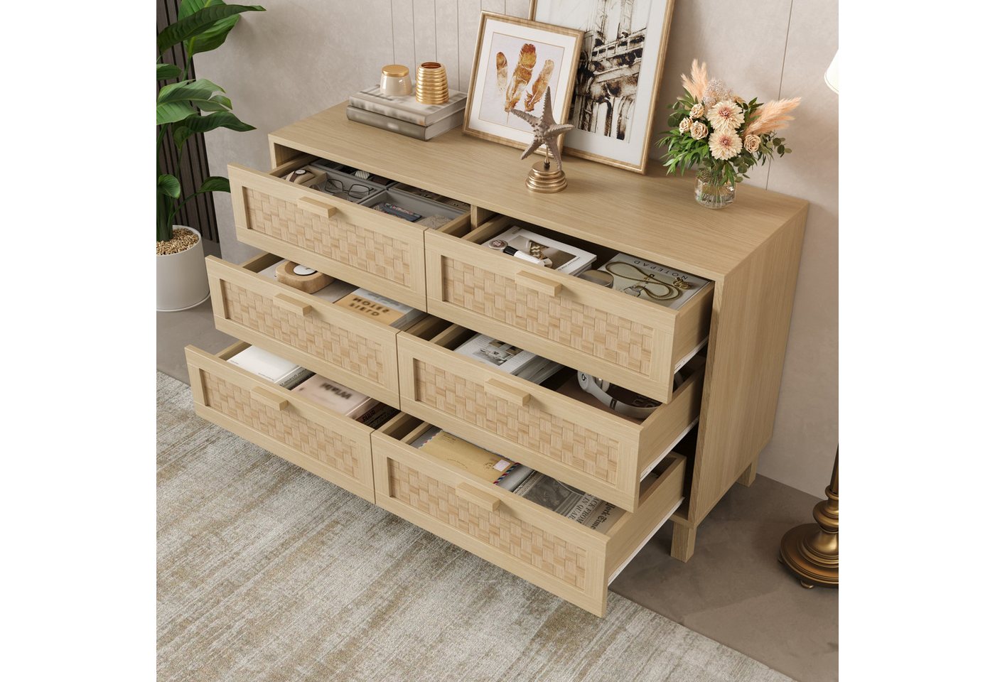 KLAM HOME Sideboard Elegantes Sideboard und Kommode aus Naturholz mit 6 Schubladen (Schlafzimmerschrank mit viel Stauraum, 120 ×75 ×40 cm), Schubladen in Rattanoptik, Schließfächer für Wohn- und Esszimmer von KLAM HOME