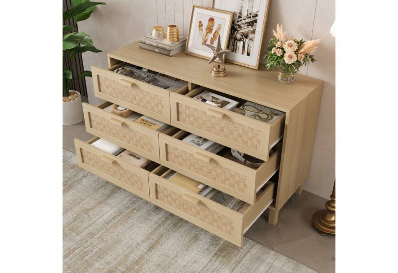 KLAM HOME Sideboard Elegantes Sideboard und Kommode aus Naturholz mit 6 Schubladen (Schlafzimmerschrank mit viel Stauraum, 120 ×75 ×40 cm), Schubladen in Rattanoptik, Schließfächer für Wohn- und Esszimmer von KLAM HOME