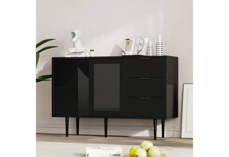 KLAM HOME Sideboard Kommode mit 3 Schubladen und 2 Türen, mit Metalfüßen und Glastüren (Vitrine Beistellschrank, Weiß, Maße: 120 x 38 x 79.5 cm), für Wohnzimmer, Schlafzimmer und Flur von KLAM HOME