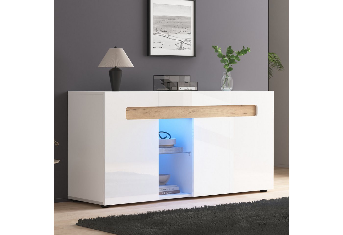 KLAM HOME Sideboard Modernes 3-türiges Sideboard, LED-Lichtsteuerung, 140x40x70 cm (Wohnzimmerschrank mit App-Steuerung, Hochglanz-Wohnmöbel), weiß mit Glasboden, Lagerschrank von KLAM HOME