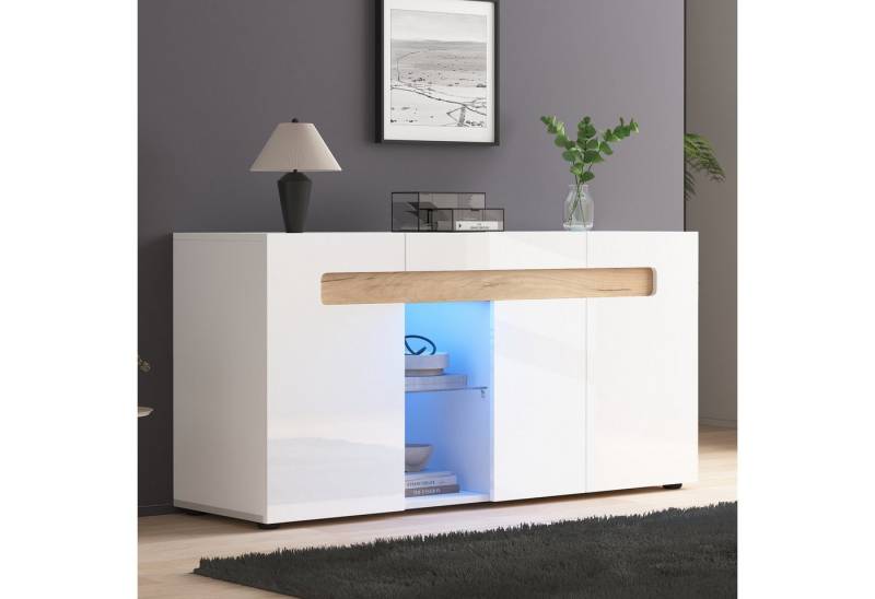 KLAM HOME Sideboard Modernes 3-türiges Sideboard, LED-Lichtsteuerung, 140x40x70 cm (Wohnzimmerschrank mit App-Steuerung, Hochglanz-Wohnmöbel), weiß mit Glasboden, Lagerschrank von KLAM HOME