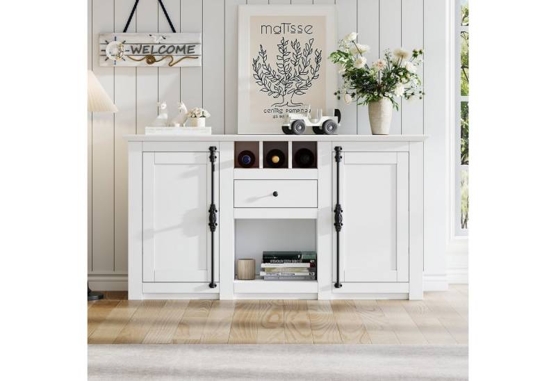 KLAM HOME Sideboard Modernes Sideboard Mit Weinregal Und Schublade (130cm Weiße Kommode Mit 2 Türen Und Halboffenem Stauraum), Vielseitiger Wohnzimmerschrank Für Flur Und Büro von KLAM HOME