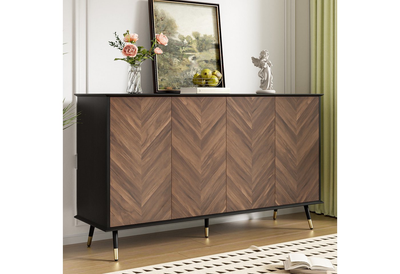 KLAM HOME Sideboard Modernes Sideboard mit Fischgrätmuster – Buffet Schrank mit 4 Türen (Kommode mit höhenverstellbaren Regalen – MDF Holz & Metallfüße), Stauraum für Wohnzimmer, Flur & Esszimmer von KLAM HOME