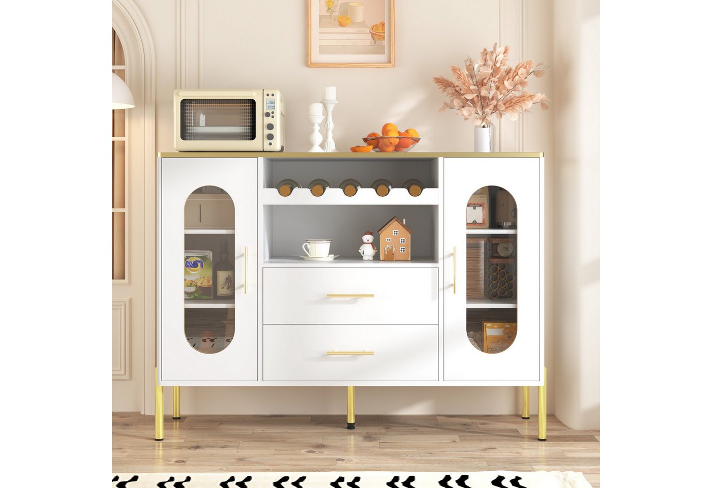 KLAM HOME Sideboard Modernes Sideboard mit Glasfronten & Weinregal, Verstellbarer Fuß (Stauraum für Wohnzimmer, Flur & Esszimmer, modernes Design), Buffet Schrank mit 2 Türen und 2 Schubladen, Weiß von KLAM HOME