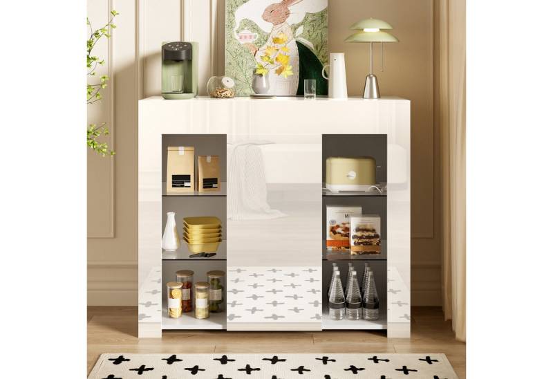 KLAM HOME Sideboard Modernes Weißes Buffet mit Hochglanz-Front – Kompakte (stilvolle Aufbewahrungslösung mit Glasregalen und Schranktür), für Wohnzimmer, Esszimmer oder Küche – 95x35x83 cm von KLAM HOME