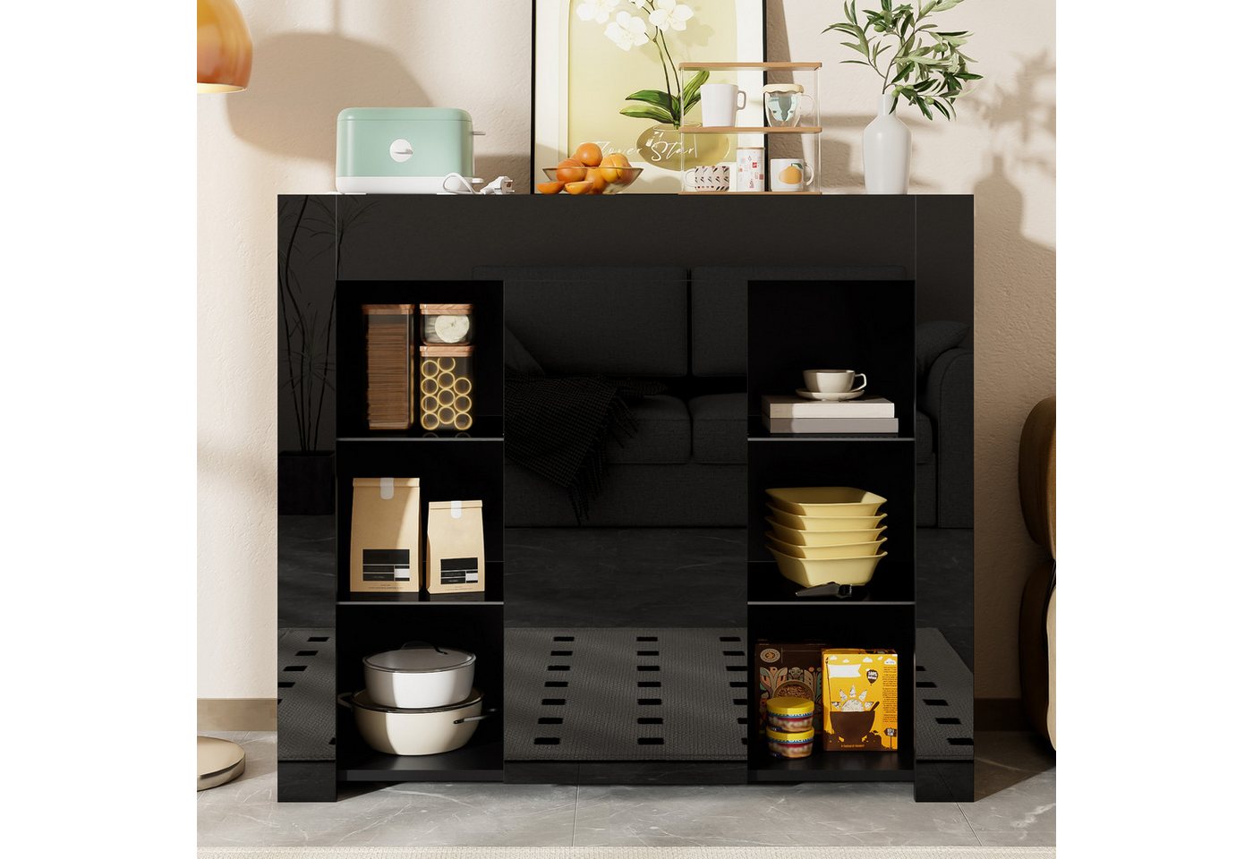 KLAM HOME Sideboard Modernes Weißes Buffet mit Hochglanz-Front – Kompakte (stilvolle Aufbewahrungslösung mit Glasregalen und Schranktür), für Wohnzimmer, Esszimmer oder Küche – 95x35x83 cm von KLAM HOME