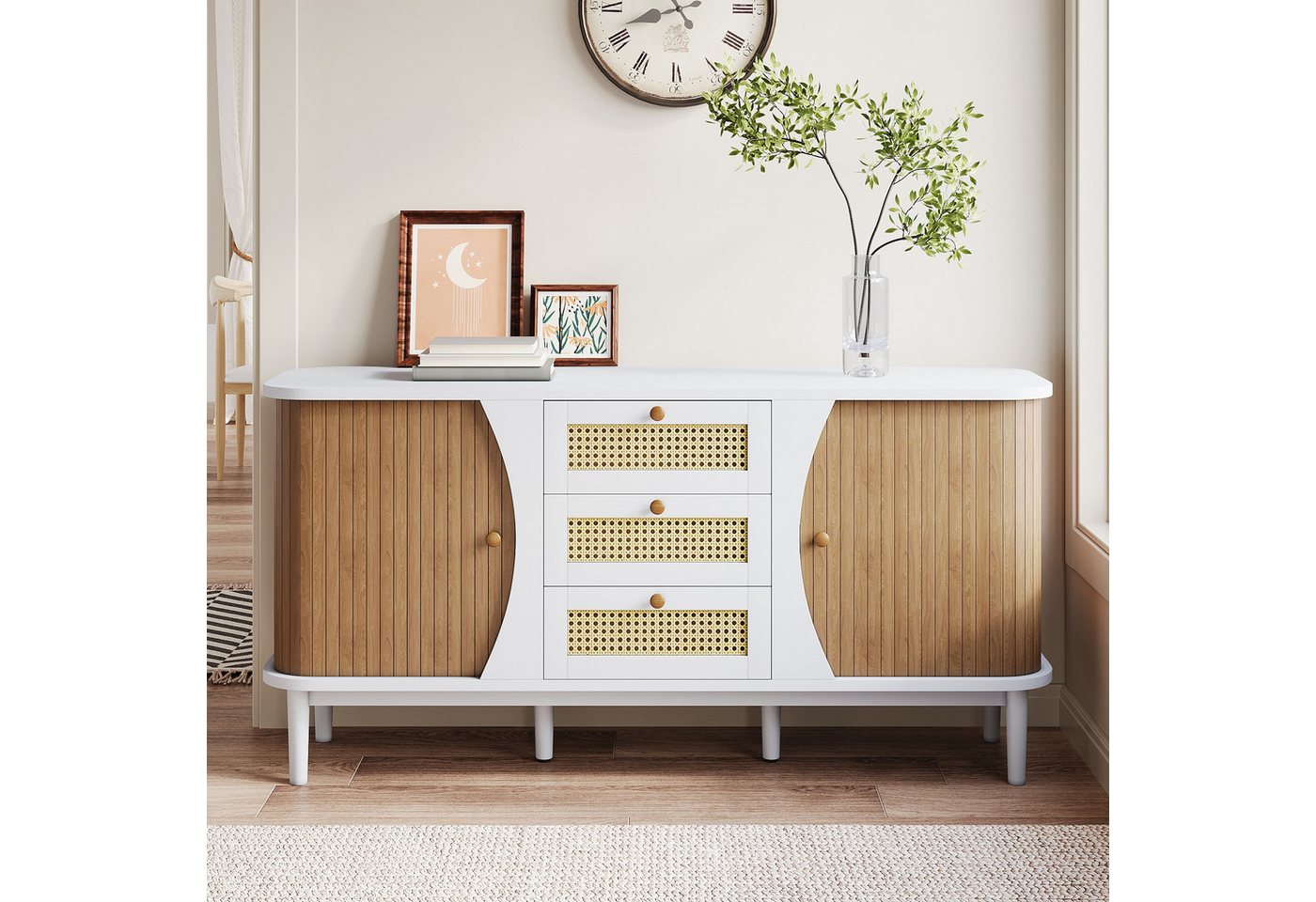 KLAM HOME Sideboard Rattankommode, Kommode mit Schiebetüren, mit verstellbaren Einlegeböden und abgerundeter Platte KLAM HOME Sideboard Rattankommode, Kommode mit Schiebetüren, mit verstellbaren Einlegeböden und abgerundeter Platte von KLAM HOME