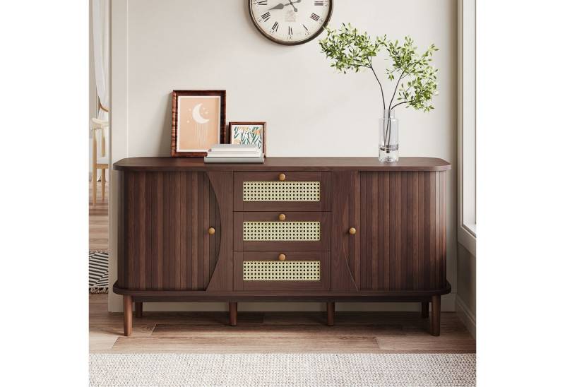 KLAM HOME Sideboard Rattankommode, Kommode mit Schiebetüren, mit verstellbaren Einlegeböden und abgerundeter Platte von KLAM HOME