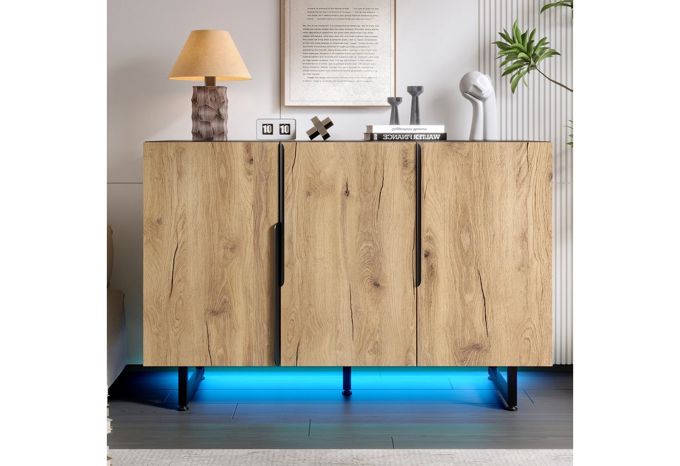 KLAM HOME Sideboard Robustes Retro-Sideboard mit integrierter LED-Beleuchtung (Höhenverstellbare Füße für alle Bodenarten und stylisches Design), Flexibler Stauraum mit verstellbaren Einlegeböden und Schubladen von KLAM HOME