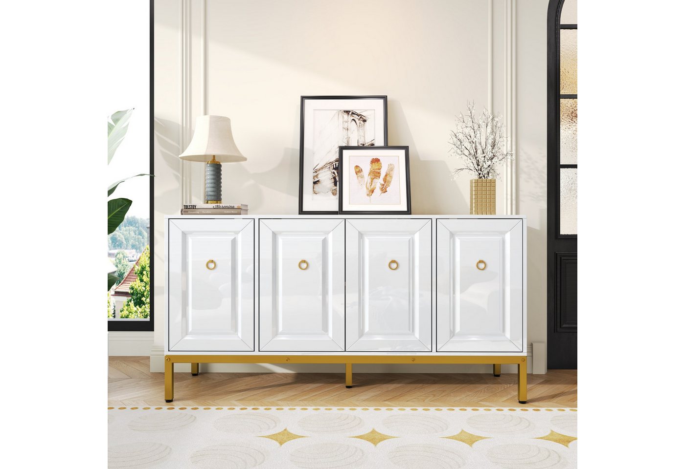 KLAM HOME Sideboard Sideboard, Hochglanz-Aufbewahrungselement, 140×80×40cm (Anrichte Kommode mit 4 Türen & verstellbare Einlegeböden), goldene Griffe und Beine, mit Regalen von KLAM HOME