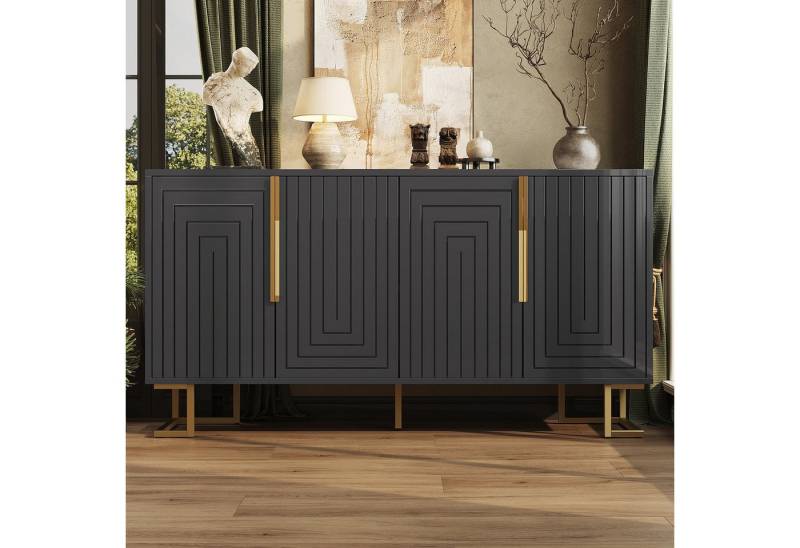 KLAM HOME Sideboard Sideboard (152 x 40 x 75 cm) mit goldene Griffe und Füße für ein, Anrichte, Kommode mit viel Stauraum und Metallgriffe, mit 4 Türen von KLAM HOME
