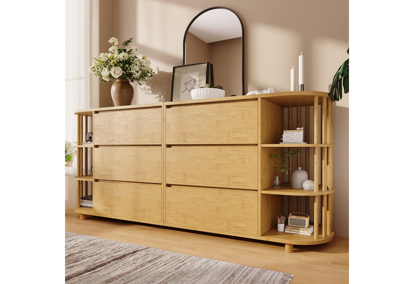 KLAM HOME Sideboard Sideboard Kommode 160cm Eiche Antikes Römisches Design (Vielseitiger Aufbewahrungsschrank mit 6 Schubladen und Bambusregalen), Höhenverstellbare Füße für perfekten Stand in jedem Raum von KLAM HOME
