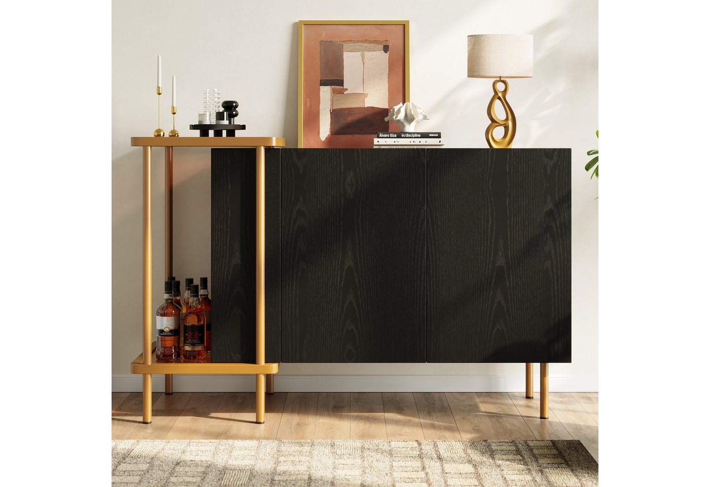 KLAM HOME Sideboard Sideboard Schwarz: 2 Türen, 2 offene Fächer, stylischer Stauraum (Couchtisch Metall/Glas: 120x40x77cm, schwebendes Design), Möbel-Set: Modernes Duo für Wohnzimmer von KLAM HOME