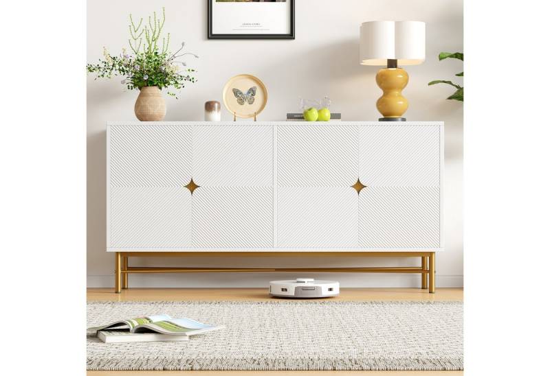 KLAM HOME Sideboard Sideboard mit Erhabener Textur 160cm, Schrank mit Vier Türen (Goldene Gebürstete Griffe und Hochglanz Tischbeine, 160×40×82cm), Passt in Wohnzimmer, Essbereich, Schlafzimmer von KLAM HOME