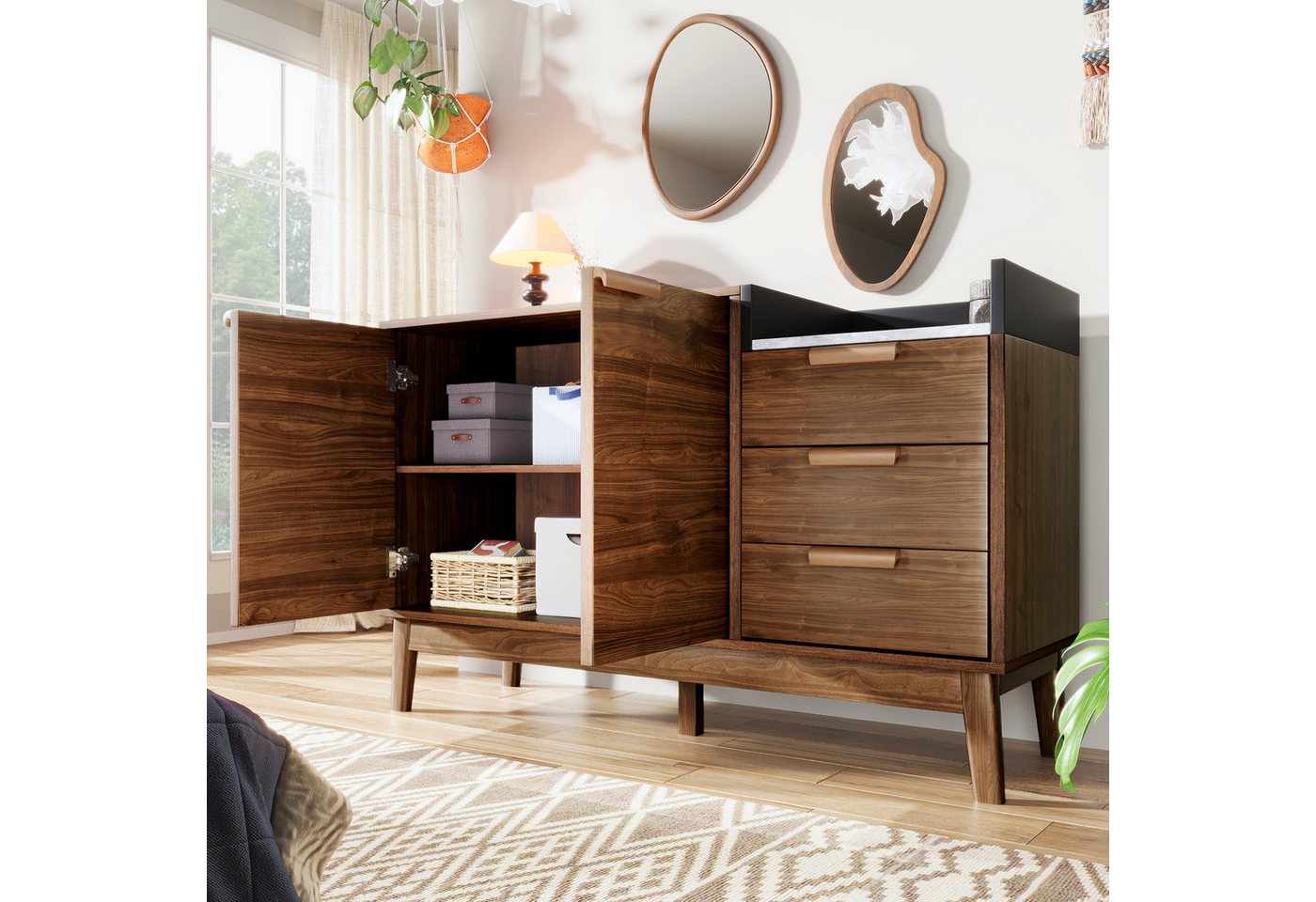KLAM HOME Sideboard Wohnzimmer Kommode in Eiche Dekor mit Marmor-Optik Platte (Offene Ablage + 3 Schubladen & Doppeltürschrank(höhenverstellbar), Massivholzbeine & kehrroboterfähig, H77/B120/T40 cm von KLAM HOME
