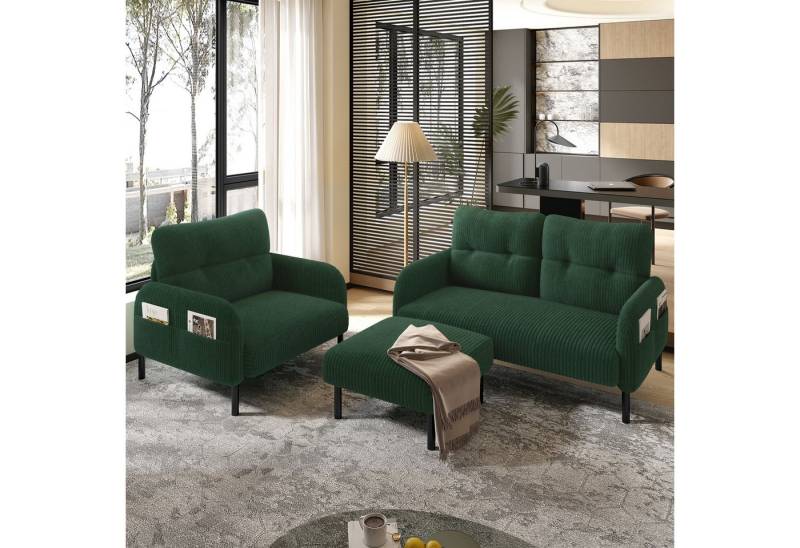 KLAM HOME Sofa Cord 3er-Set Sessel + Hocker + 2-Sitzer Sofa mit Seitentasche, Polstersessel, Loungesofa, Tiefe Sitzfläche für maximalen Komfort, ideal für Wohnzimmer & Schlafzimmer & Büro, mit Relaxfunktion von KLAM HOME