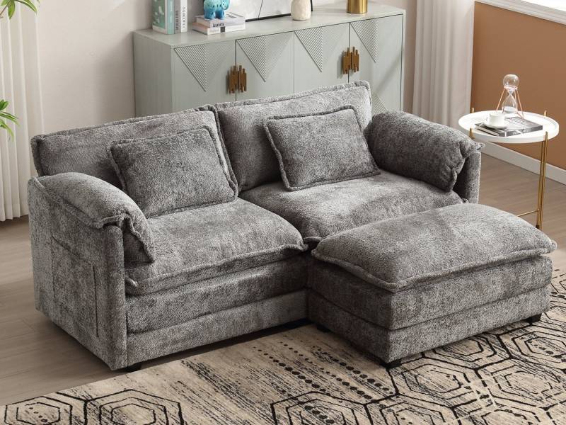 KLAM HOME Sofa Loungesofa Modernes 2-Sitzer-Sofa mit Fußstütze 2 Kissen & Stauraum, mit Chenille-Stoff und Fußstütze, integrierte Seitentaschen, ideal für Wohnzimmer & Schlafzimmer & Büro von KLAM HOME