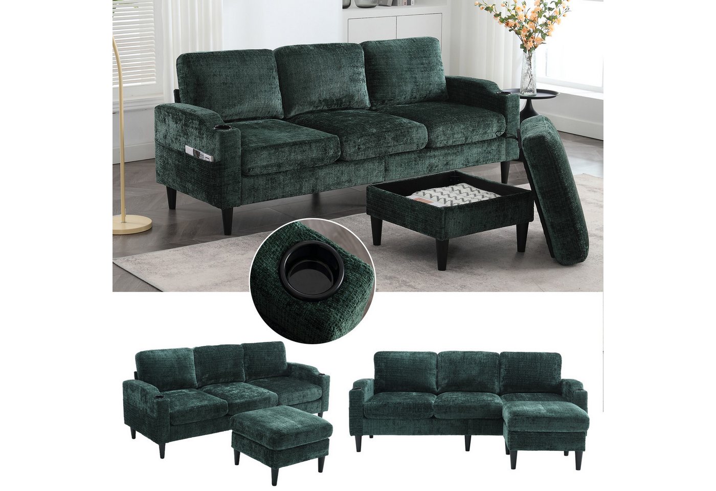KLAM HOME Sofa Loungesofa Schlafsofa 4-Sitzer-Sofa mit Hocker & Stauraum, mit Chenille-Stoff mit robuste Kunststofffüßen, geeignet für Wohnzimmer, Schlafzimmer KLAM HOME Sofa Loungesofa Schlafsofa 4-Sitzer-Sofa mit Hocker & Stauraum, mit Chenille-Stoff mit robuste Kunststofffüßen, geeignet für Wohnzimmer, Schlafzimmer von KLAM HOME