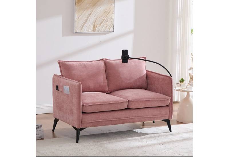 KLAM HOME Sofa Modernes Doppelsofa Kleines Stoffsofa Sessel mit Lagerung Seitentasche, Polstersofa mit USB/Typ C-Ladefunktion & Handyhalter, für Wohnzimmer, Schlafzimmer, Wohnung, Balkon,127 x 69 x 66cm von KLAM HOME