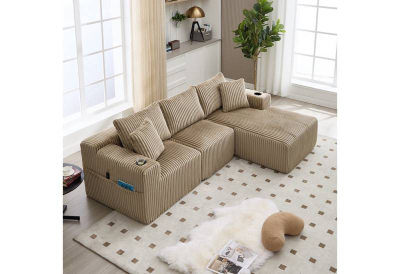 KLAM HOME Sofa Modulares Sofa Set mit Chaiselongue & 2-Sitzer, weicher Cordbezug, mit 5 Kissen, seitliche Taschen & Getränkehalter, DIY-Kombination, Ideal für Wohnzimmer, Apartment & Studio von KLAM HOME