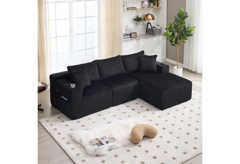 KLAM HOME Sofa Modulares Sofa Set mit Chaiselongue & 2-Sitzer, weicher Cordbezug, mit 5 Kissen, seitliche Taschen & Getränkehalter, DIY-Kombination, Ideal für Wohnzimmer, Apartment & Studio von KLAM HOME
