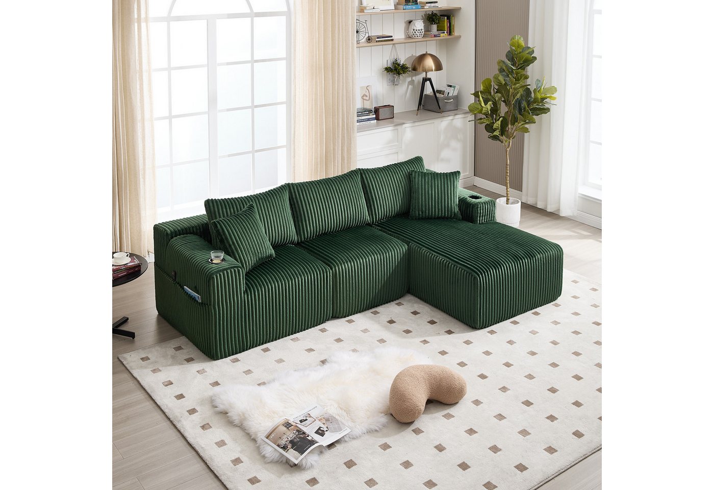 KLAM HOME Sofa Modulares Sofa Set mit Chaiselongue & 2-Sitzer, weicher Cordbezug, mit 5 Kissen, seitliche Taschen & Getränkehalter, DIY-Kombination, Ideal für Wohnzimmer, Apartment & Studio von KLAM HOME