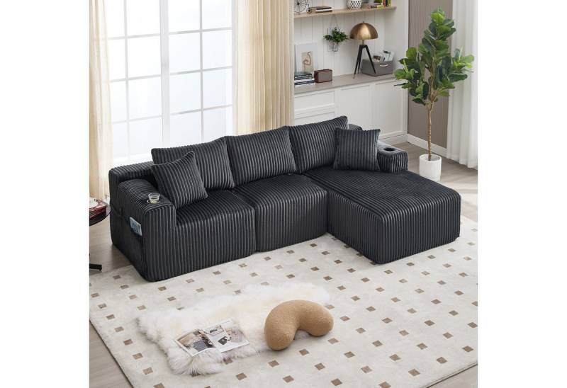 KLAM HOME Sofa Modulares Sofa Set mit Chaiselongue & 2-Sitzer, weicher Cordbezug, mit 5 Kissen, seitliche Taschen & Getränkehalter, DIY-Kombination, Ideal für Wohnzimmer, Apartment & Studio von KLAM HOME