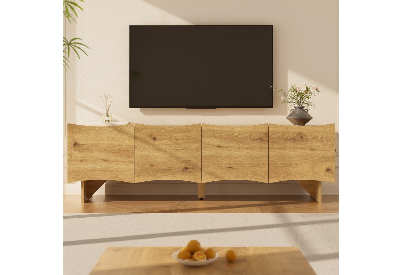 KLAM HOME TV-Schrank Moderner TV-Schrank mit Wellenmuster,155 cm Medienkonsole mit Stauraum (vier Türen und Kabeldurchführungen in Holzoptik) stilvolles Design für Wohnzimmer von KLAM HOME