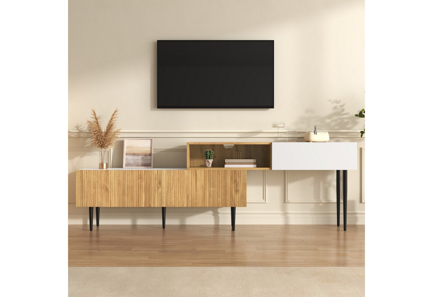 KLAM HOME TV-Schrank Moderner TV-Schrank mit verstellbarer Länge, Schwarze Metallbeine (Modulares 2-teiliges Design, Holzoptik + Weiß matt) Multifunktionales Wohnzimmermöbel von KLAM HOME