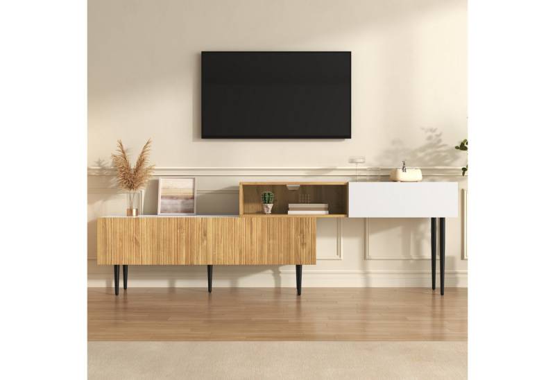 KLAM HOME TV-Schrank Moderner TV-Schrank mit verstellbarer Länge, Schwarze Metallbeine (Modulares 2-teiliges Design, Holzoptik + Weiß matt) Multifunktionales Wohnzimmermöbel von KLAM HOME