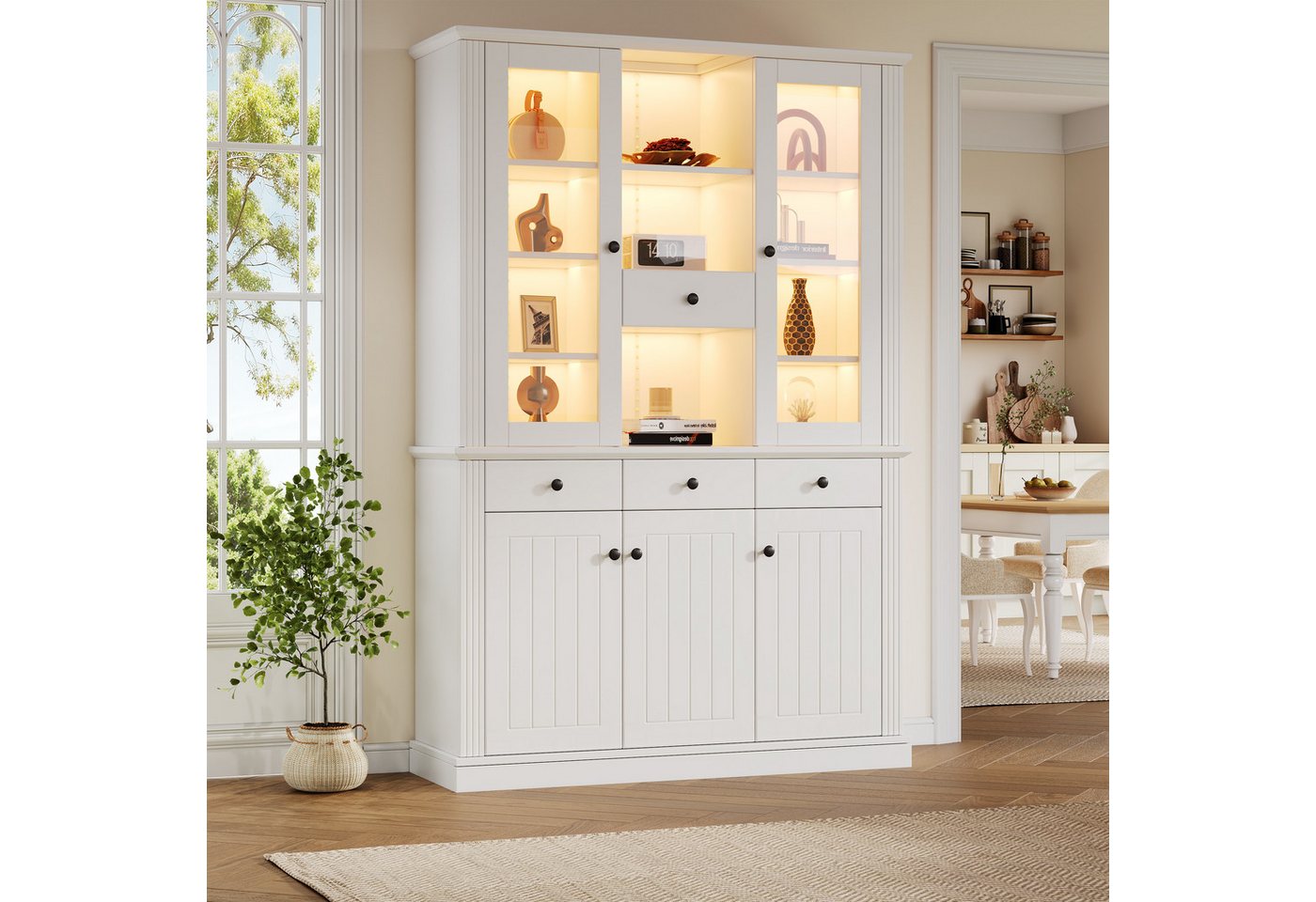 KLAM HOME Vitrine 119,5*40*180cm Vitrine, Standvitrine mit 4 Schubladen (Vitrinenschränke mit 16 Farben LED, 4 Schubladen und 5 Türen) Großer Schrank mit 21 Ablagefächern, MDF von KLAM HOME