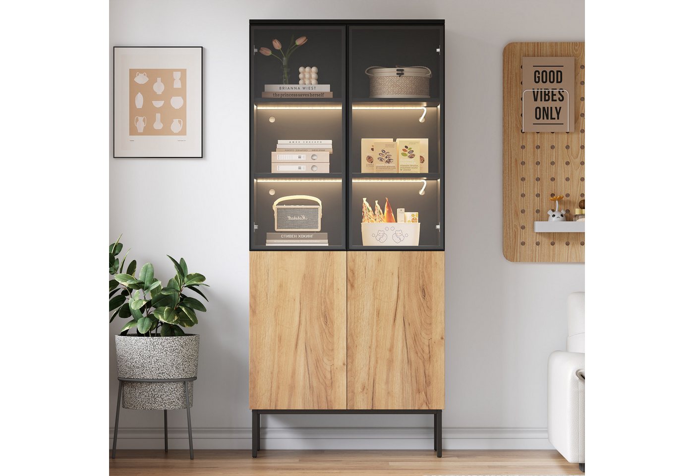 KLAM HOME Vitrine 180cm Hochschrank mit LED-Leuchten, Bücherregal, Vitrine mit Glastüren 5-stöckige Glasvitrine für Sammlerstücke, Büro, Schwarz/Eiche KLAM HOME Vitrine 180cm Hochschrank mit LED-Leuchten, Bücherregal, Vitrine mit Glastüren 5-stöckige Glasvitrine für Sammlerstücke, Büro, Schwarz/Eiche von KLAM HOME