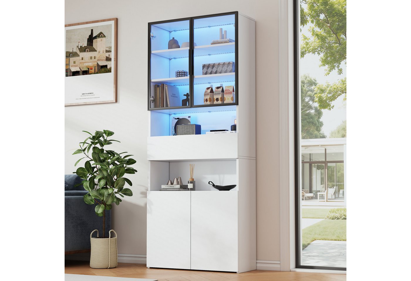KLAM HOME Vitrine 70*30*200cm Vitrine,Vitrinenschränke Mit Schubladen und Schränken (Glasvitrine mit Glastüren und LED,Bücherschrank,Standvitrine,Weiß) Hochschrank mit Offene Speicherplattform von KLAM HOME